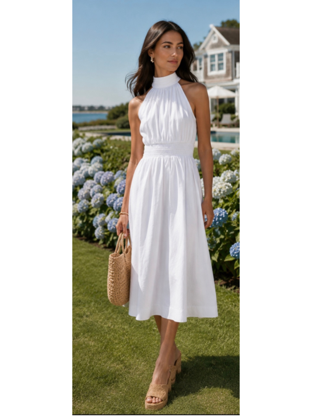 Veronica Beard Kinney White Cotton Halter Dress 6 Classic Quiet Luxury, Coastal